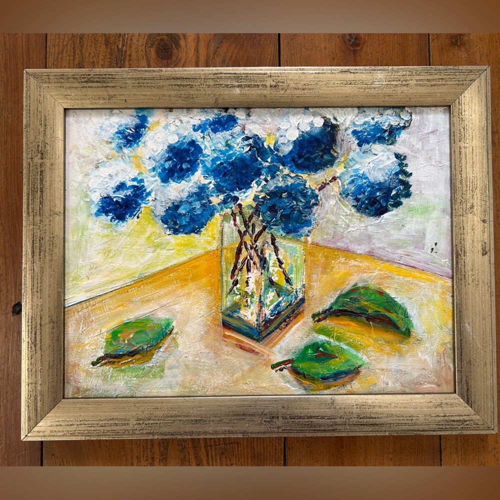 Painting, Original‎ Art Still life Blue Hydrangea flowers Yellow Table 19” x 15”